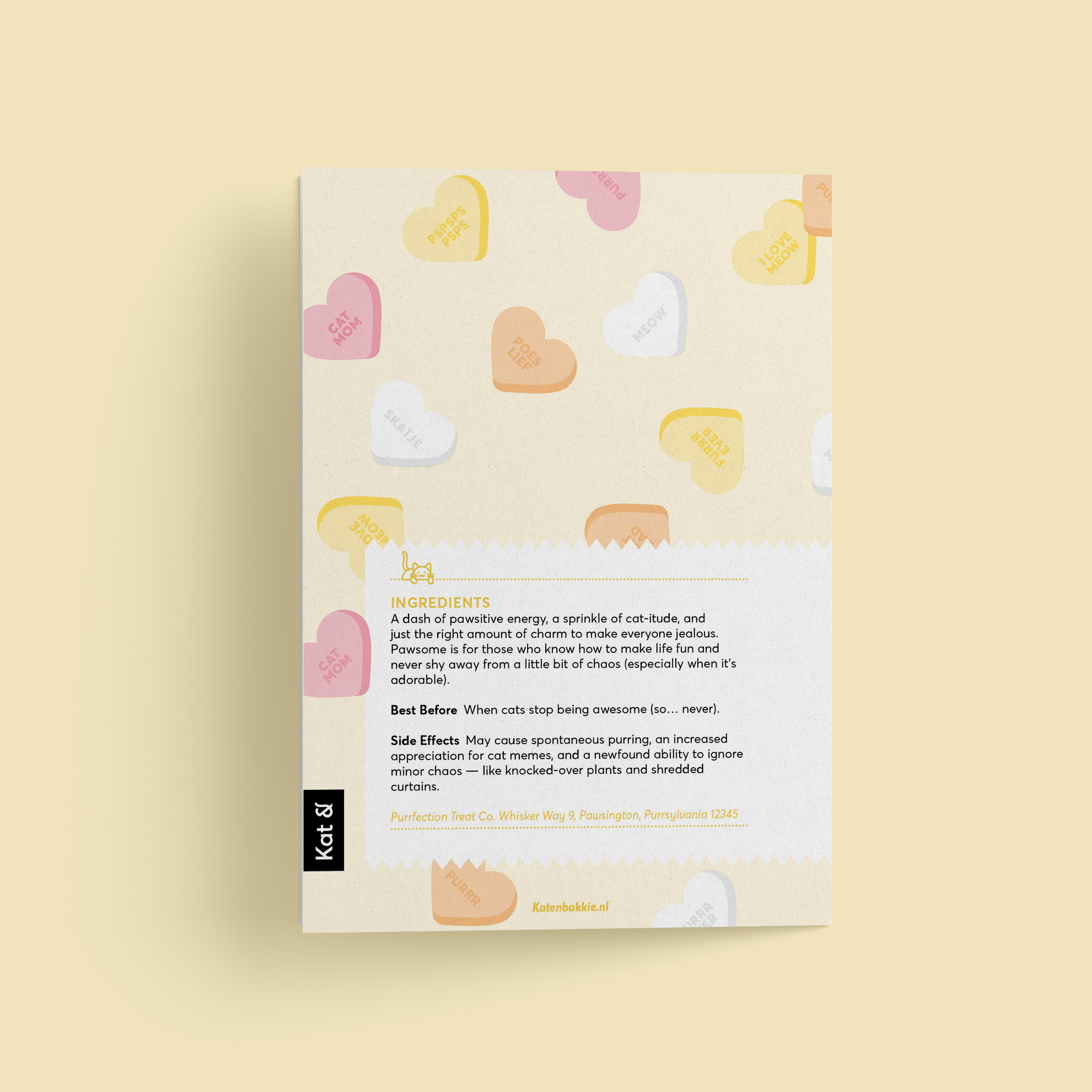 Kat & Snoephartjes wenskaart met pin 'Pawsome'