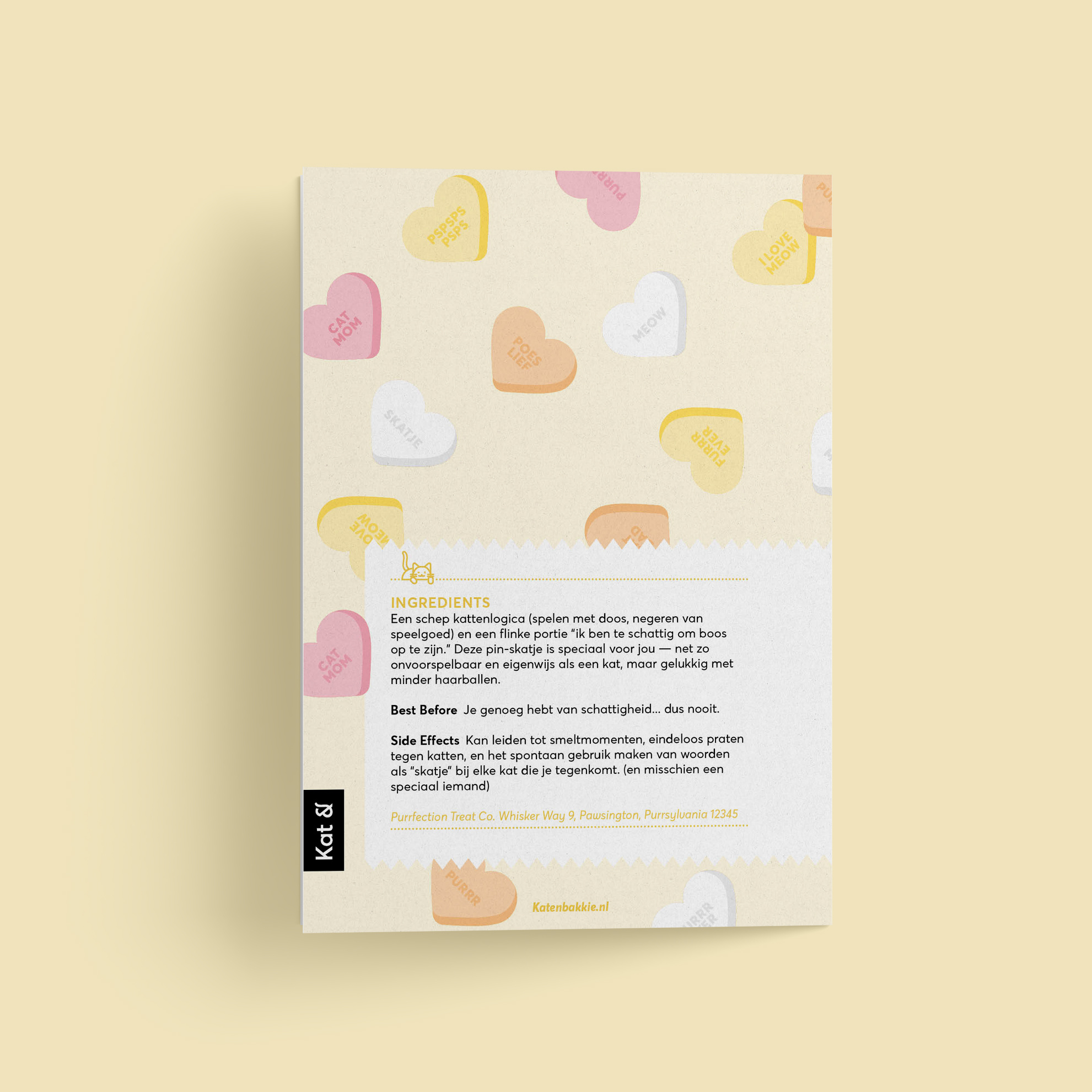 Kat & Snoephartjes wenskaart met pin 'Skatje'