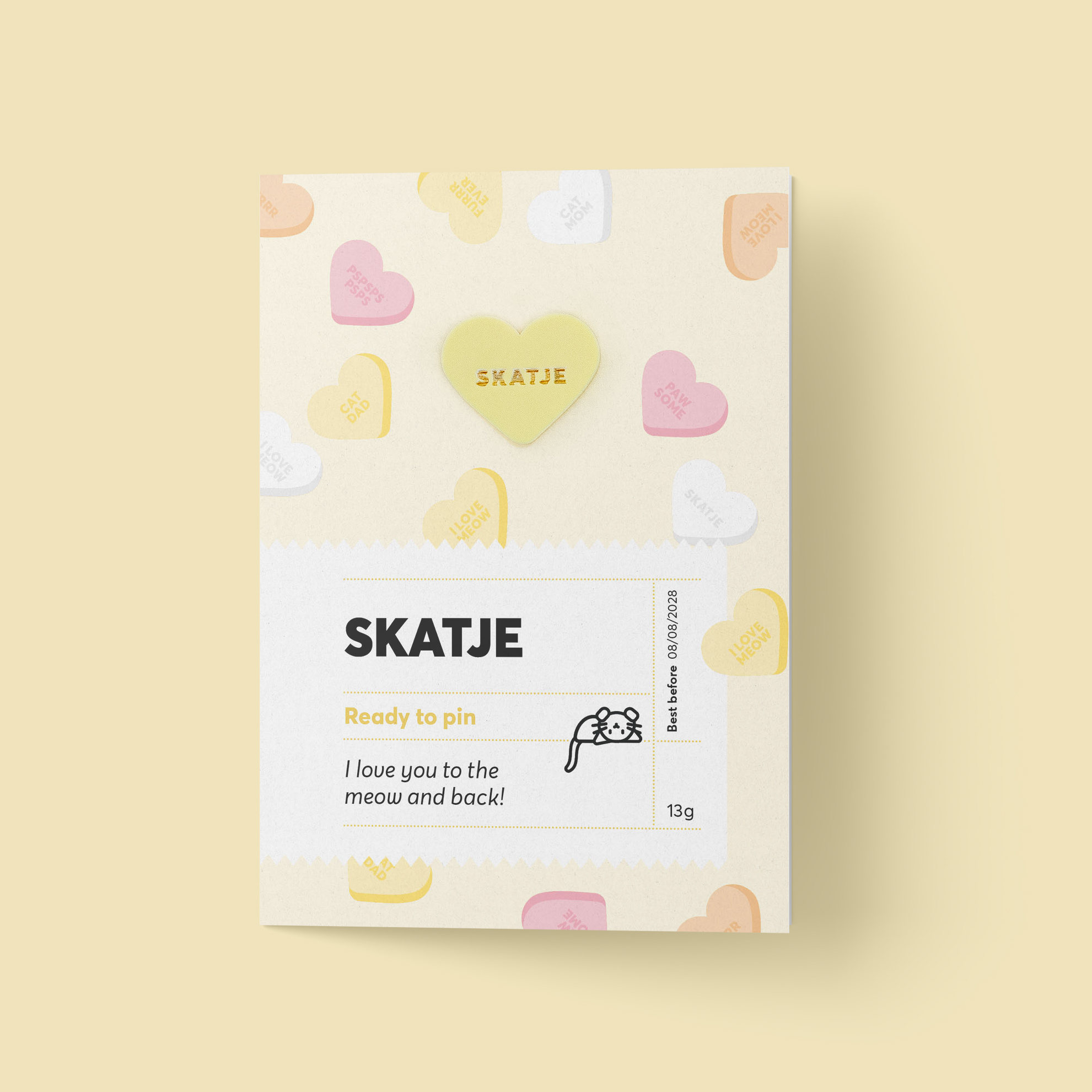Kat & Snoephartjes wenskaart met pin 'Skatje'