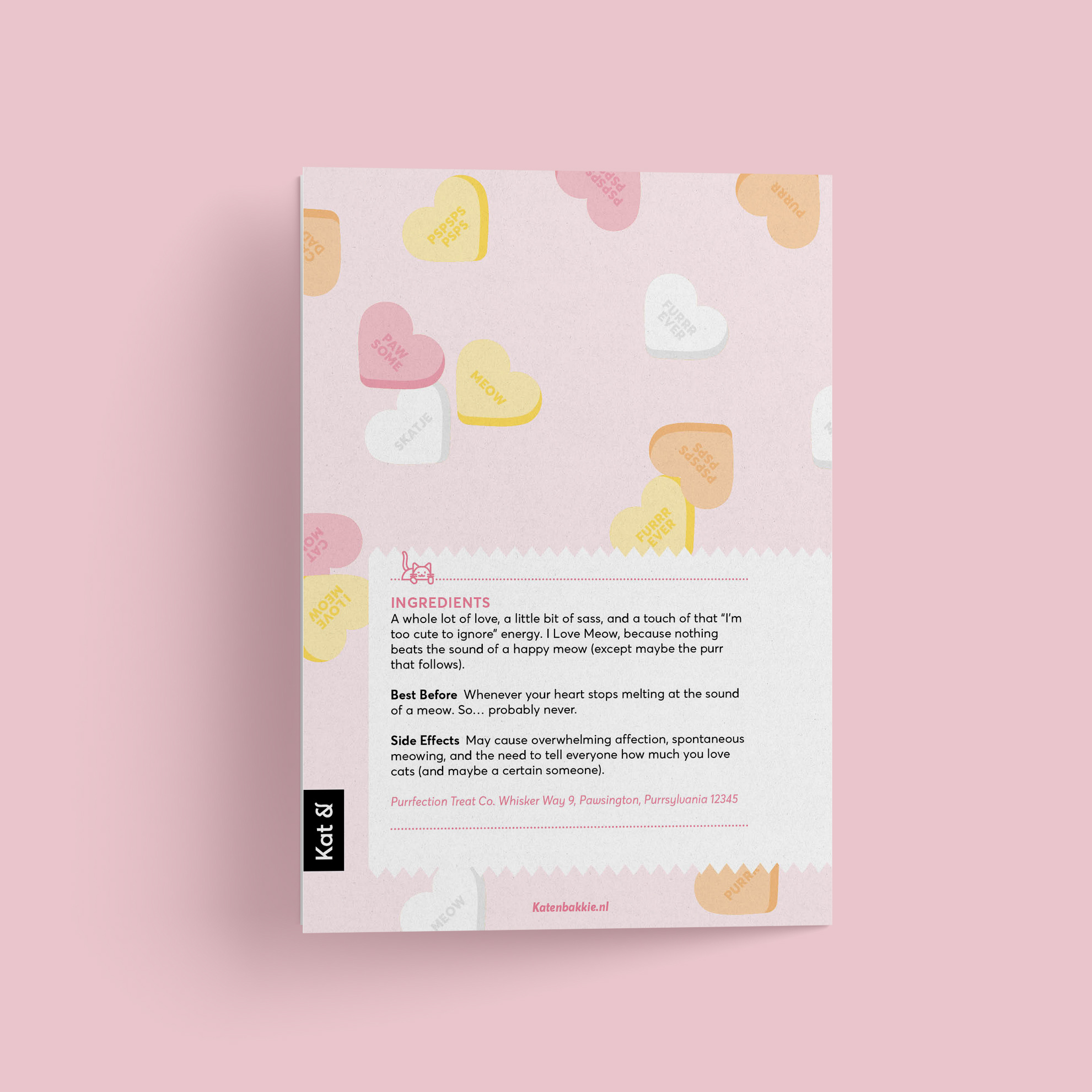 Kat & Snoephartjes wenskaart met pin 'I love meow'