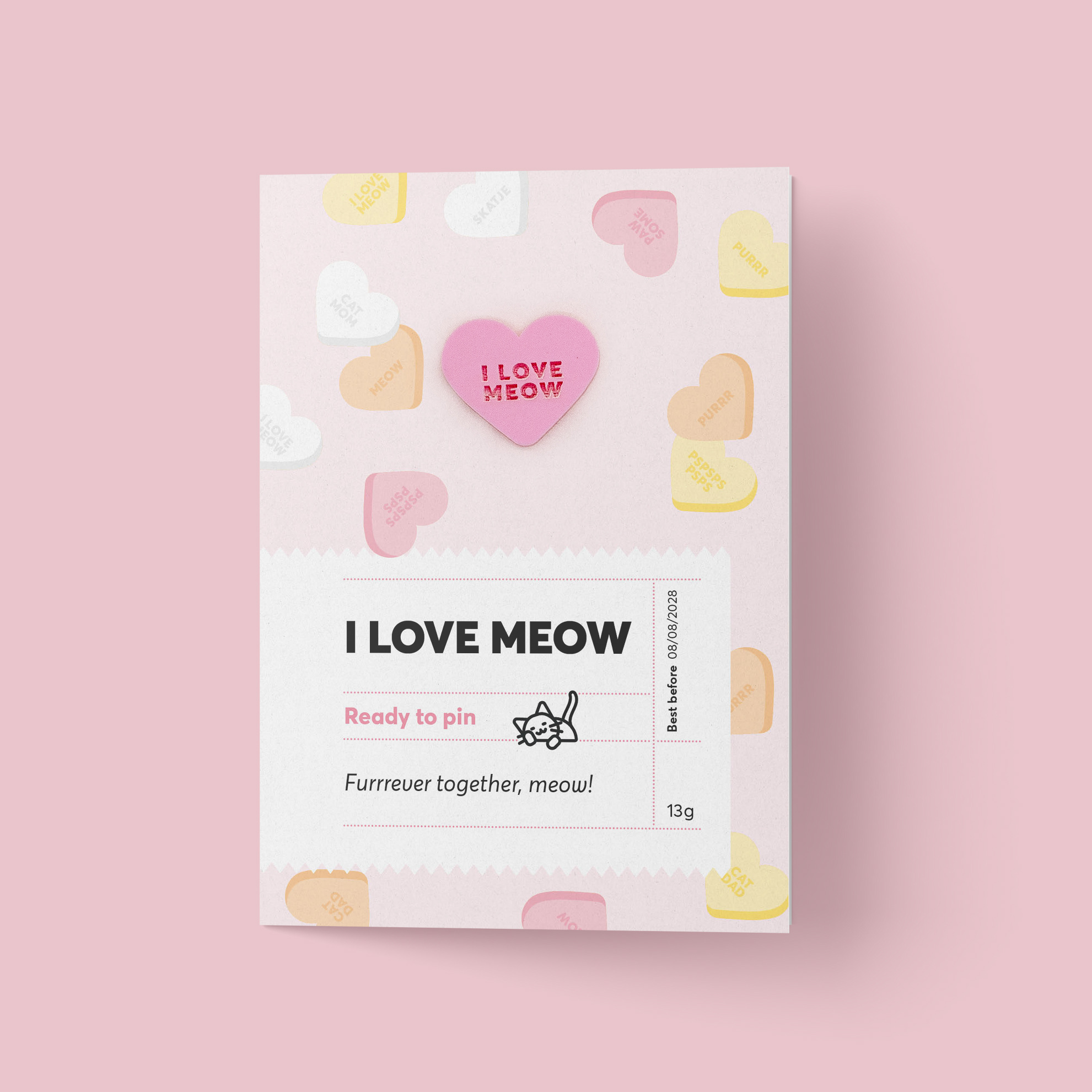 Kat & Snoephartjes wenskaart met pin 'I love meow'