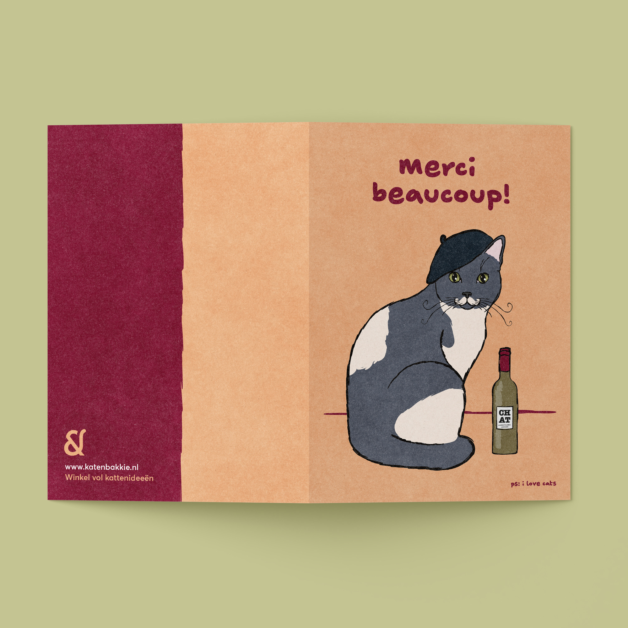 Kat & Merci beacoup! - kattenkaart met envelop