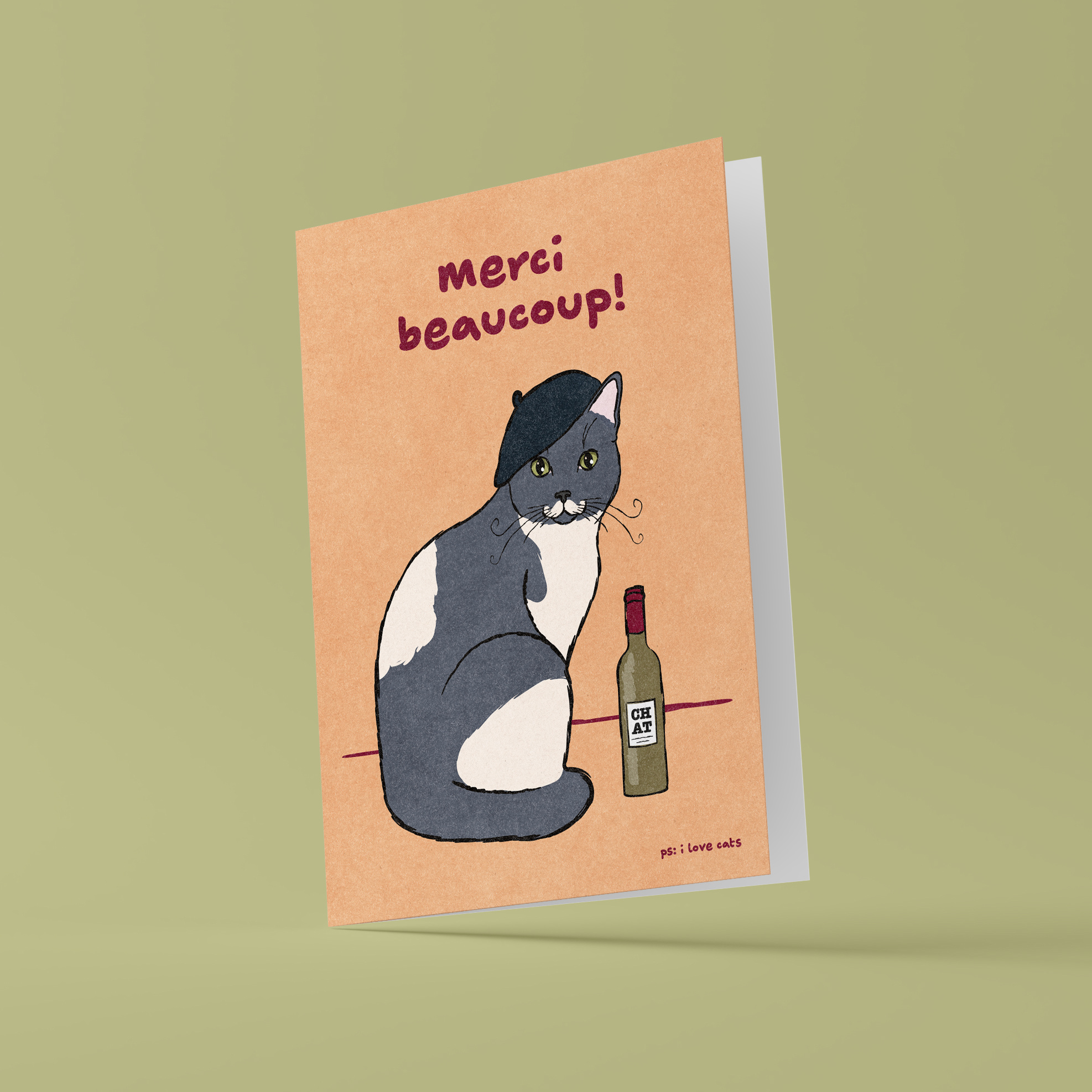 Kat & Merci beacoup! - kattenkaart met envelop