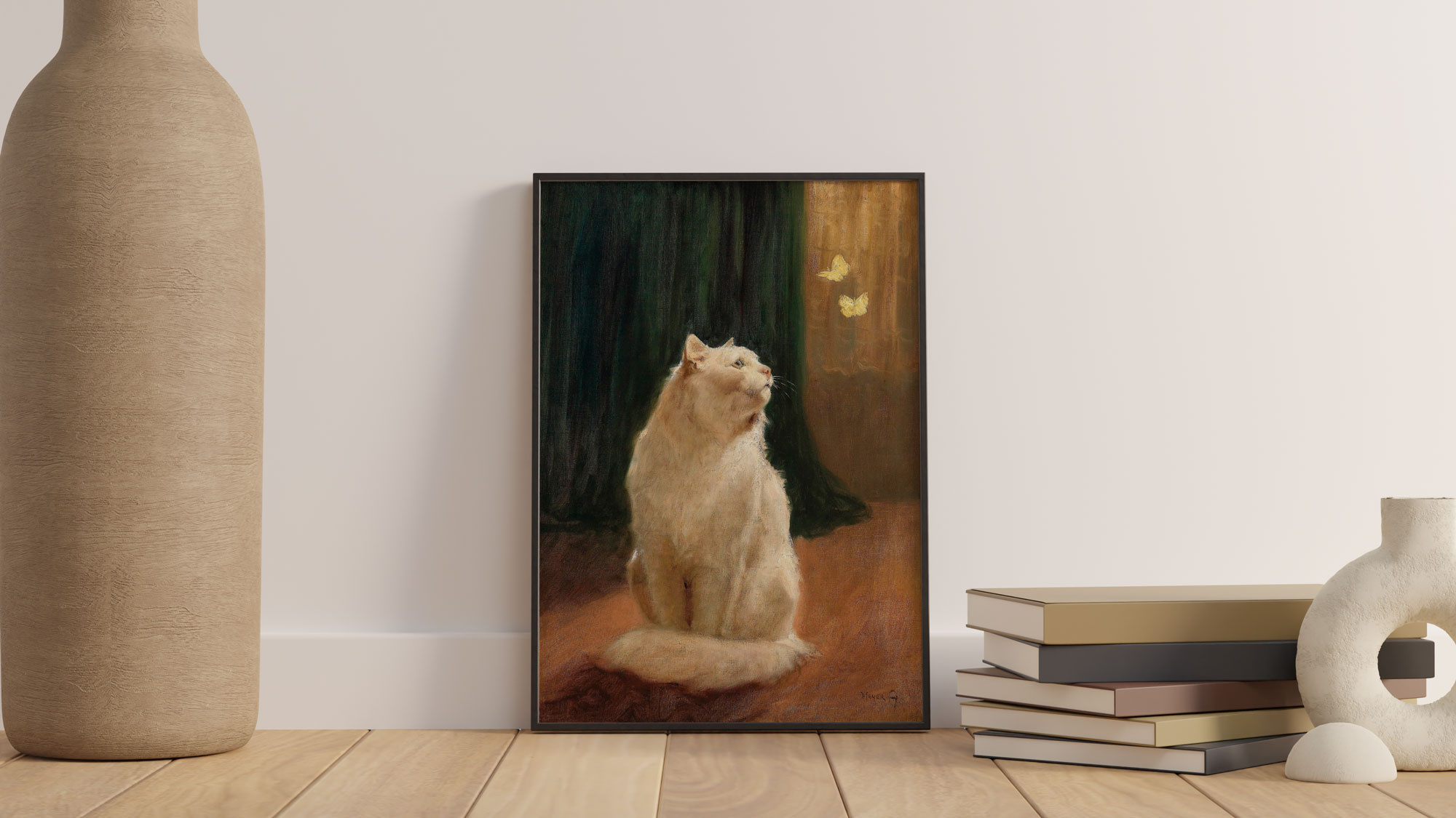 Kat & Kattenposter kunstprint - White Cat and two Brimstone Butterflies  (turn of 19th - 20th century), Arthur Heyer