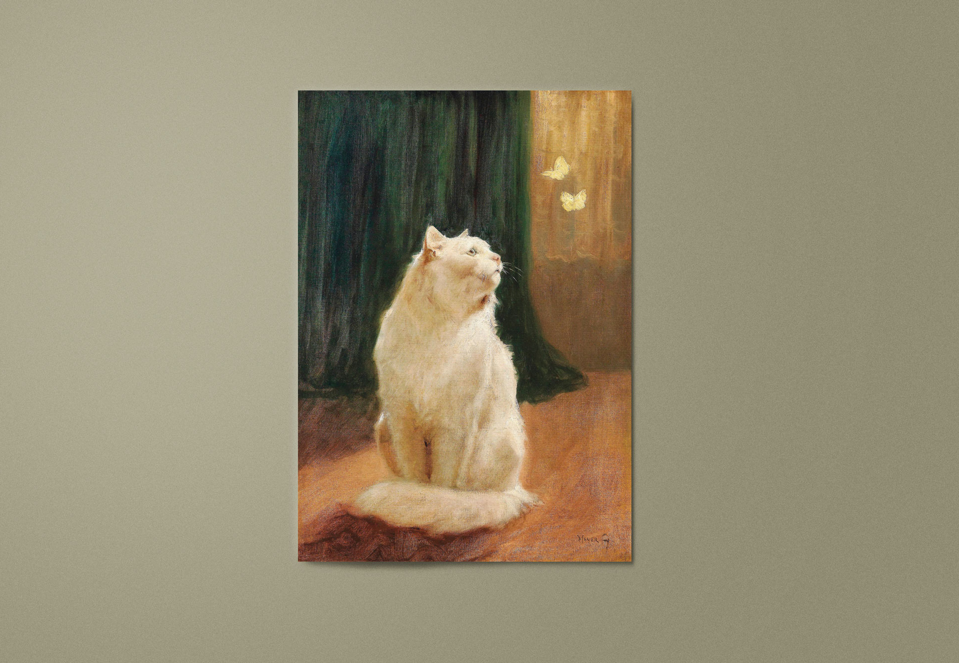 Kat & Kattenposter kunstprint - White Cat and two Brimstone Butterflies  (turn of 19th - 20th century), Arthur Heyer