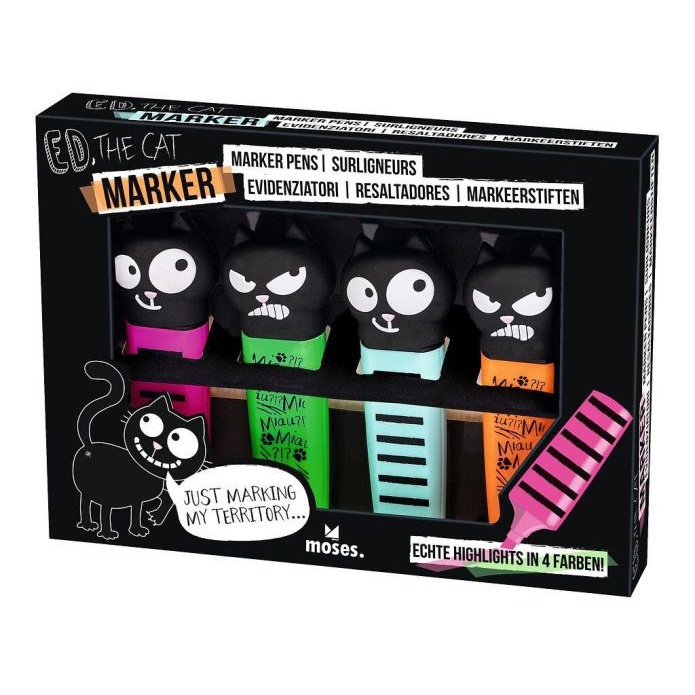 Ed the Cat Set van 4 skattige markeerstiften
