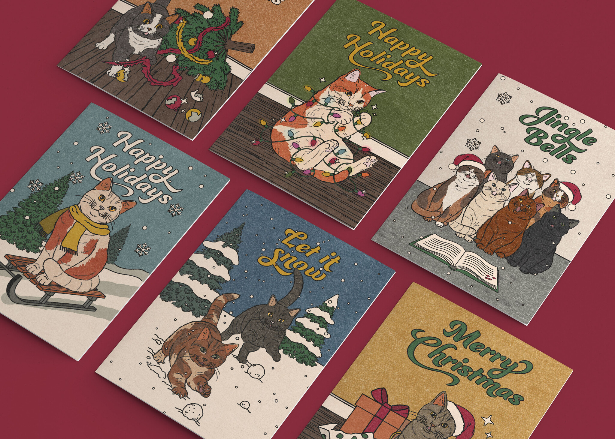 Kat & Purrs for the season – set van 6+1 kerstkaarten+enveloppen