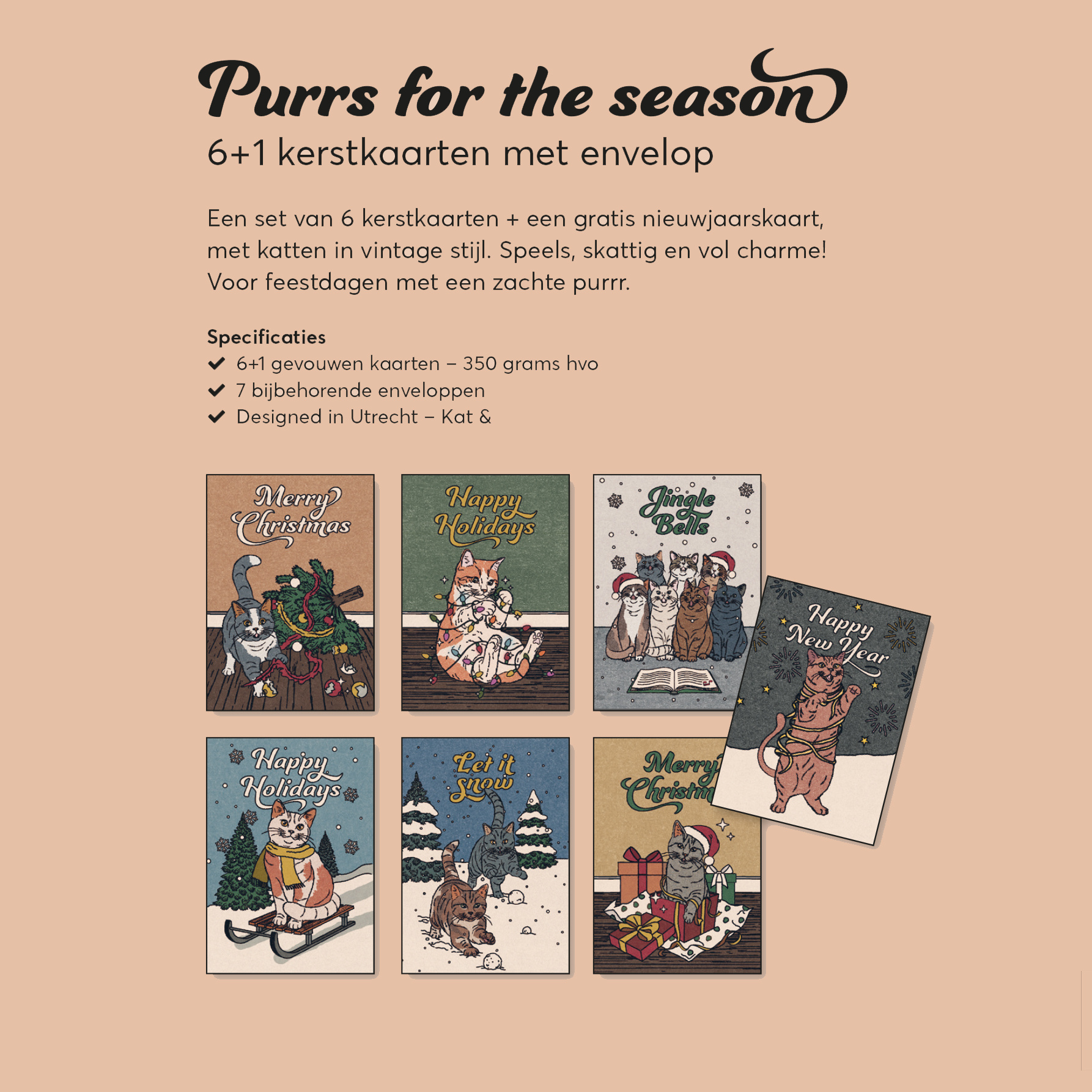 Kat & Purrs for the season – set van 6+1 kerstkaarten+enveloppen