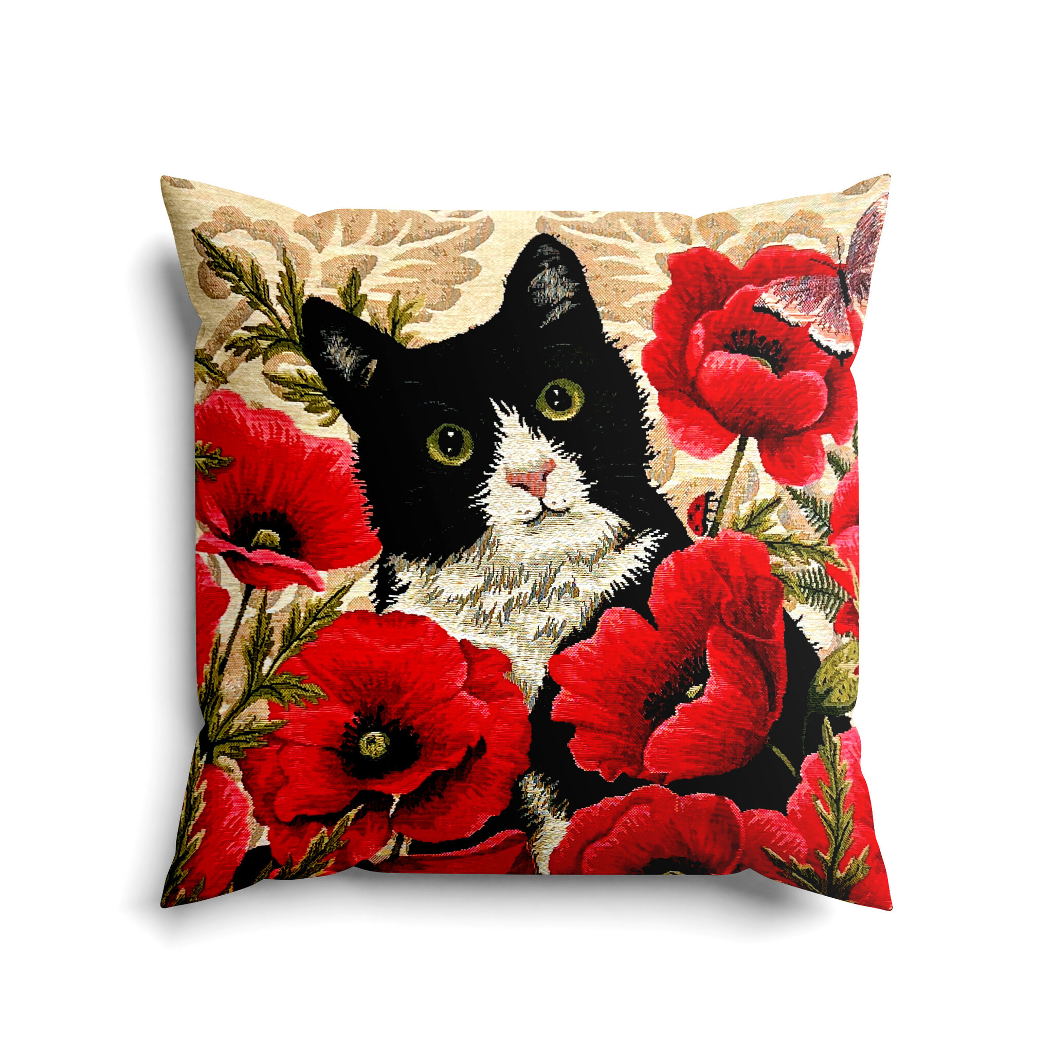 Kat en klaprozen - jacquard geweven kussenhoes