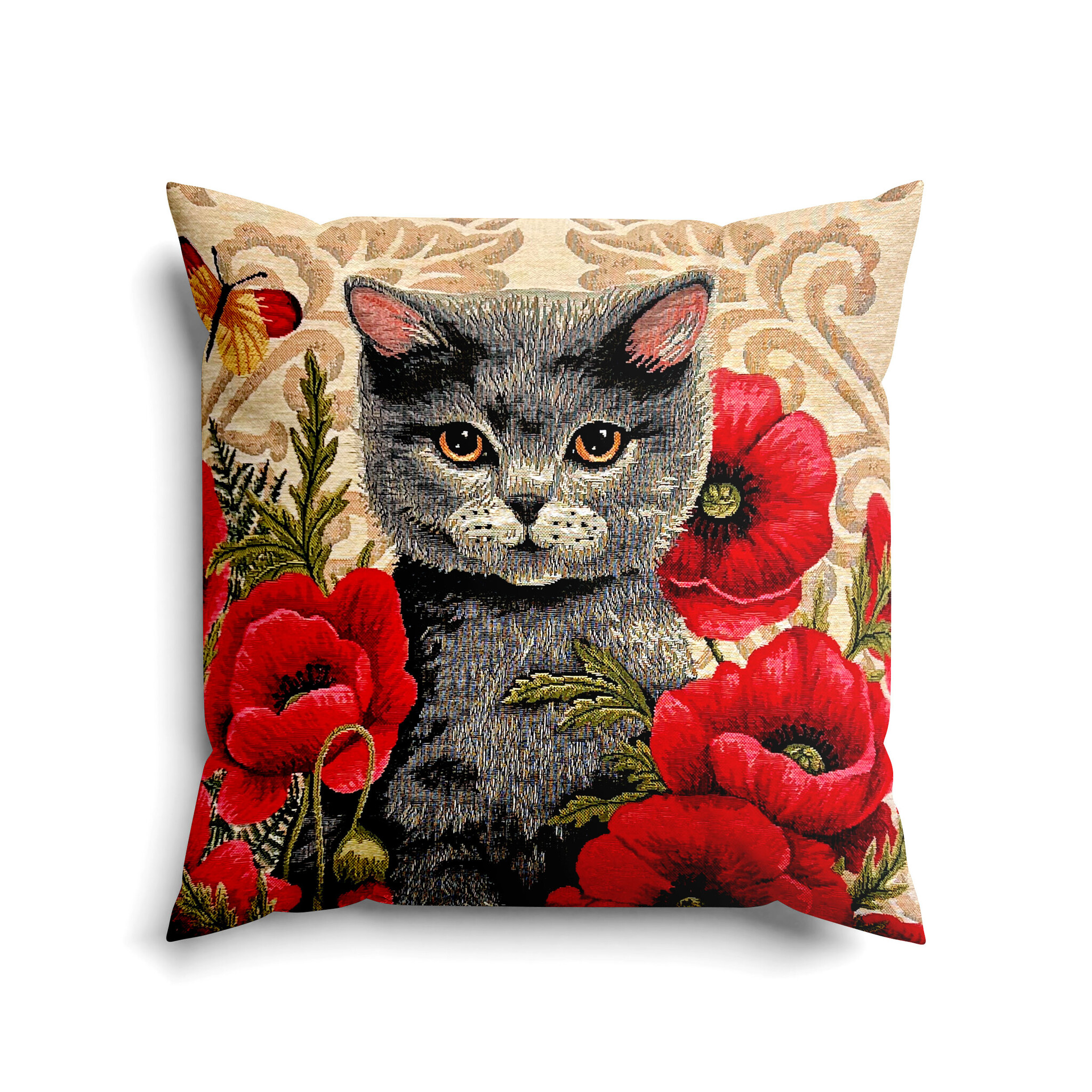 Kat en klaprozen - jacquard geweven kussenhoes