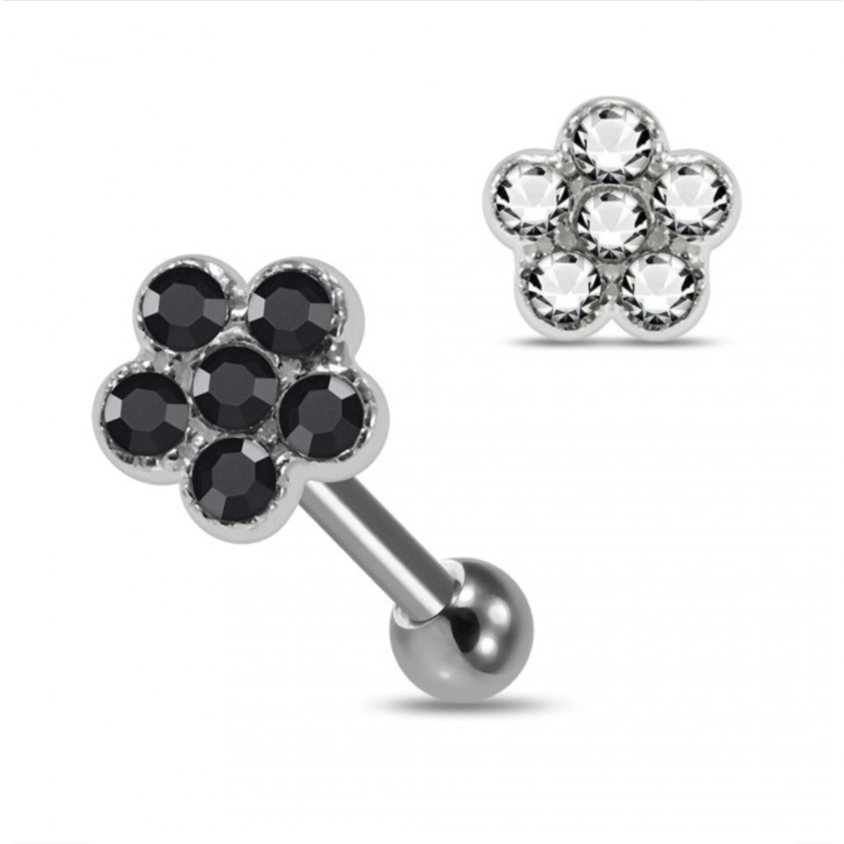 Piercing oreille/ tragus/ cartilage en argent sterling 925/ Acier Chirurgical 316L avec petite fleur Cristal