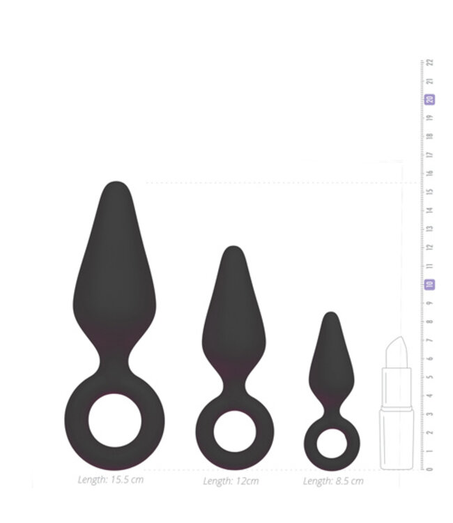 Zwarte buttplugs met trekring - setje