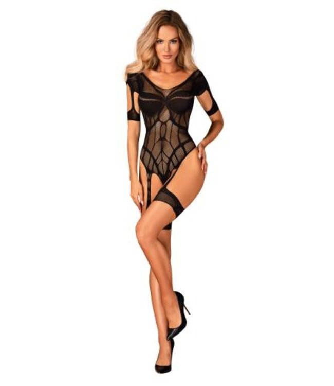Mesh Body Met Jarretel Design - Zwart