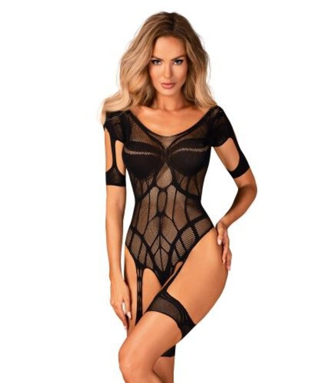 Mesh Body Met Jarretel Design - Zwart
