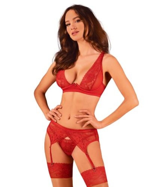 Romantische set met jarretelgordel - Rood