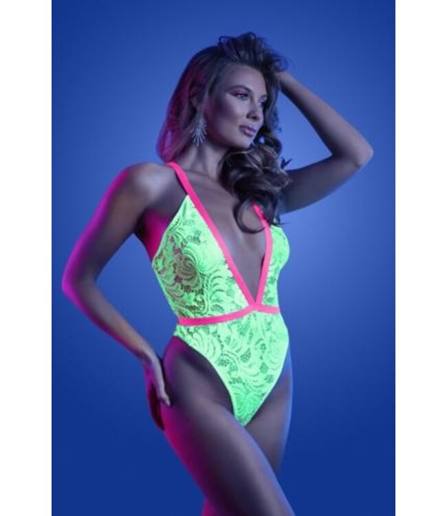 SPOTLIGHT - Body van Elastisch Kant met Drukknoopsluiting - Neon Groen