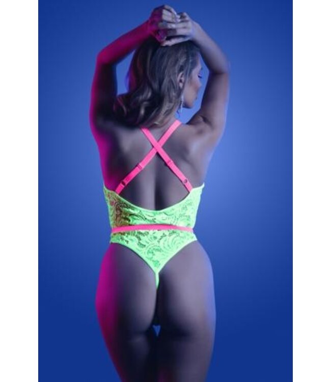 SPOTLIGHT - Body van Elastisch Kant met Drukknoopsluiting - Neon Groen