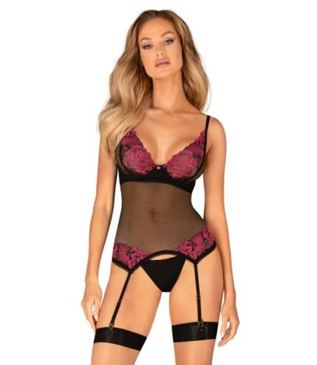 Obsessive - Rosenty Jarretel Korset - Zwart/Paars