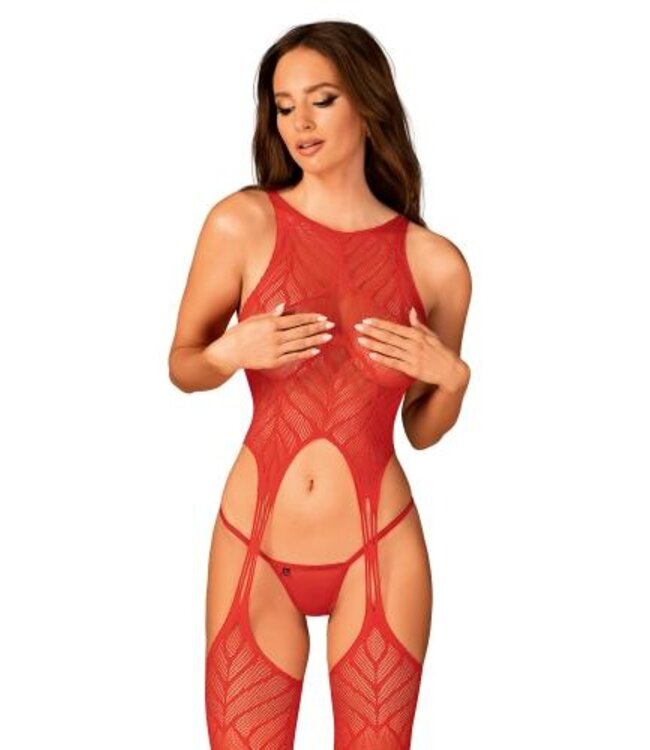Mesh Catsuit Met Jarretel Design - Rood