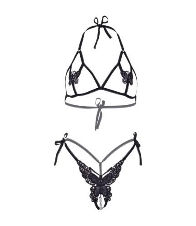 Open cup BH en Parels panty - Zwart