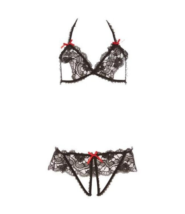 Peek A Boo Open Kanten BH Set - Zwart/Rood