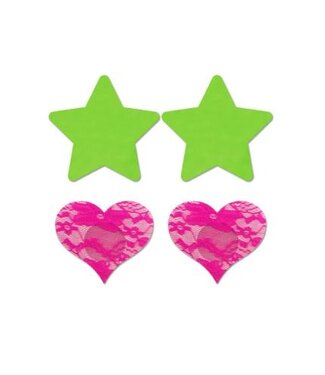 Glow Tepelstickers Ster & Hartje 2 stuks - Neon Groen/Neon Roze