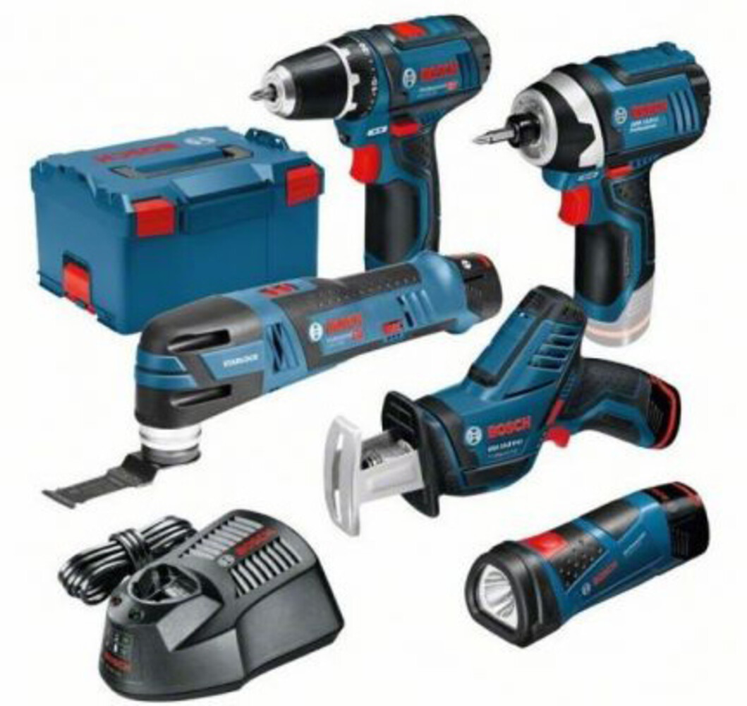Bosch 5 Tool Kit - GSR12V-15 + GOP12V-LI + GLI Powerled + GDR12V-105 + GSA12V-14 12V 3 x 2,0Ah in L-Boxx 0615990K11