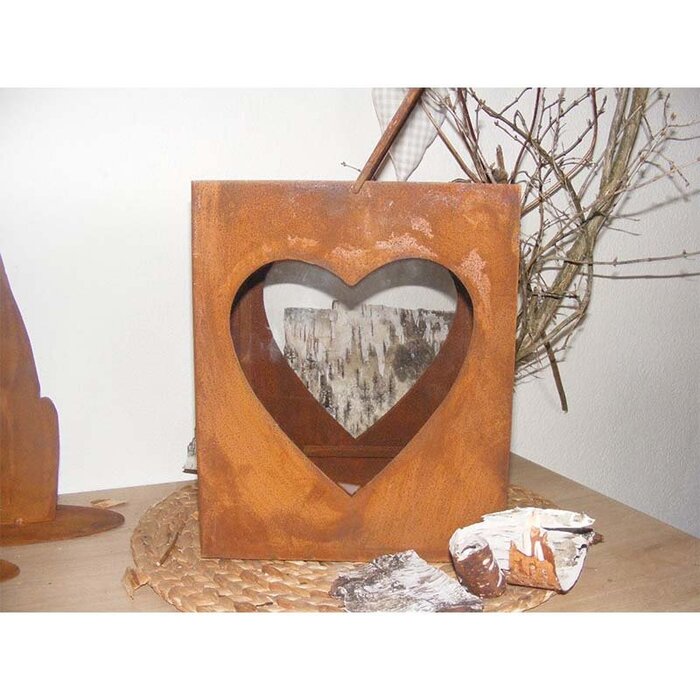 Roestige lantaarn met hart | hoekig met glazen inzetstuk