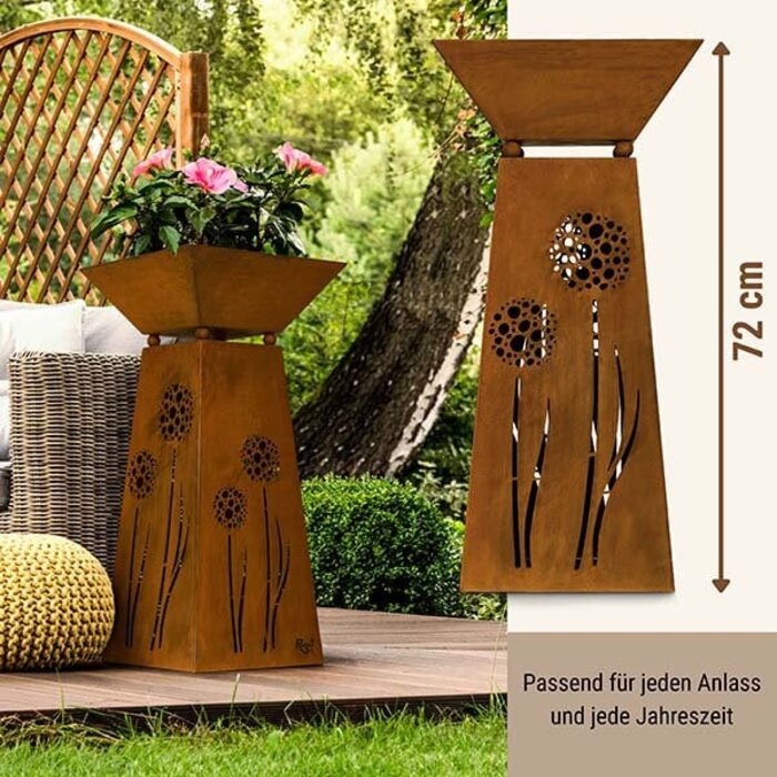 Metalen sierzuil met paardebloemen en diepe plantenschaal 35 x 35 cm