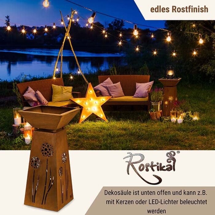 Metalen sierzuil met paardebloemen en diepe plantenschaal 35 x 35 cm