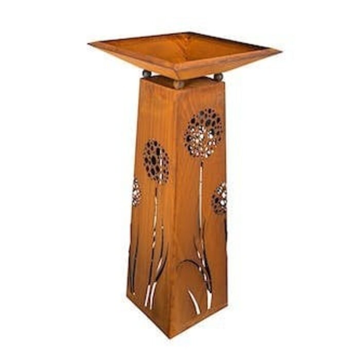 Roestkleurige plantenzuil met paardenbloemmotief | met verschillende schelpen | Tuindecoratie roest bloemkolom