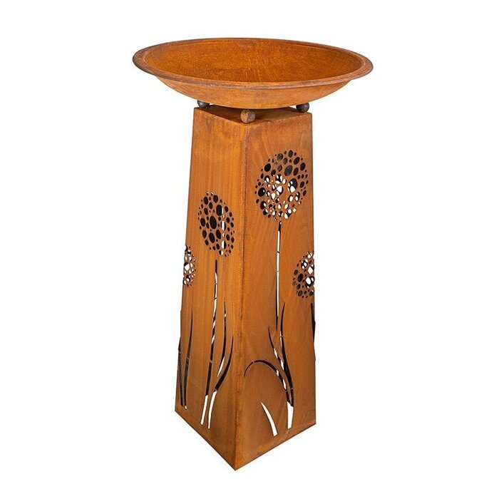 Roestkleurige plantenzuil met paardenbloemmotief | met verschillende schelpen | Tuindecoratie roest bloemkolom