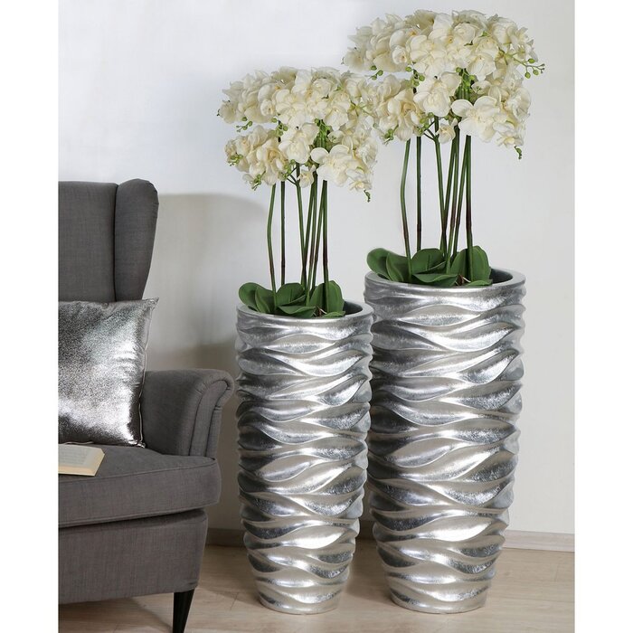 Poly/glasvezel plantenbak "Waves" zilver, D.37cm H.91cm