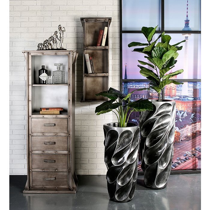 Poly/glasvezel plantenbak "Drop" antiek zilver H.70cm