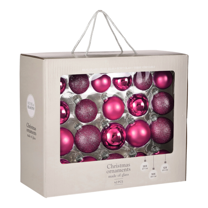 Kerstballen Set - 42 Stuks - Ø7 cm - Glas - Fuchsia