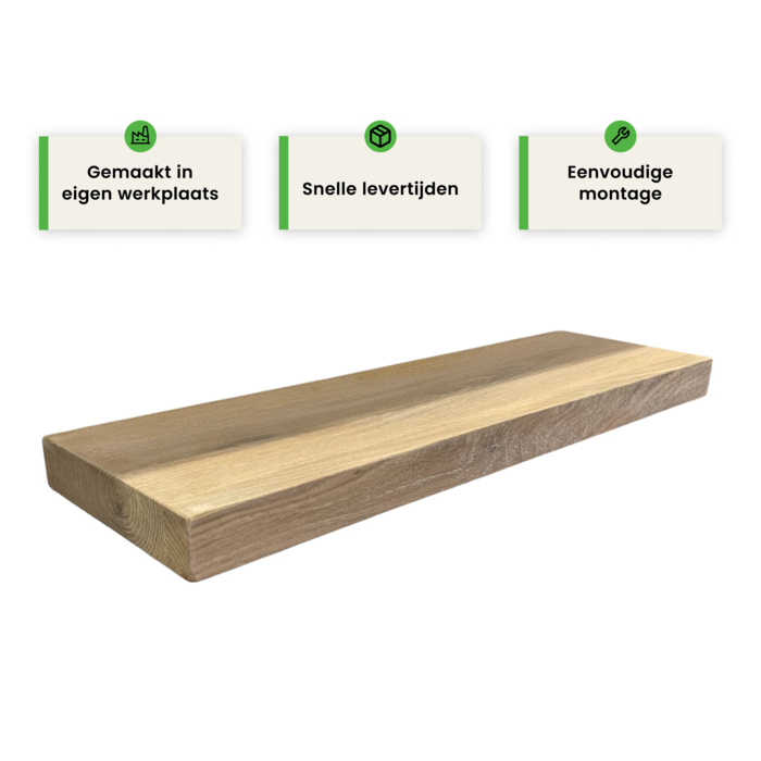 Wood & Work Houten wandplank - Transparant/mat - Klein - 4cm dik eiken - Recht