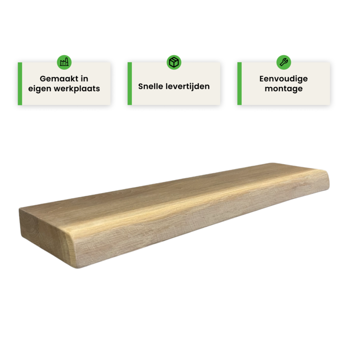 Wood & Work Houten wandplank - Transparant/mat - Klein - 4cm dik eiken - Boomstam