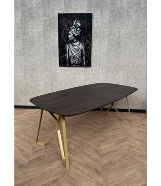 Eiken eettafel donker bruin + gouden frame 210x110 *showroom
