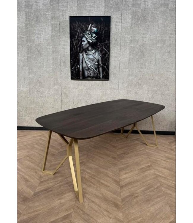 Eiken eettafel donker bruin + gouden frame 210x110 *showroom