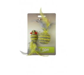 Papillon Pet Products Glittermuis 5 cm en glitterbal 4 cm met veer op kaart