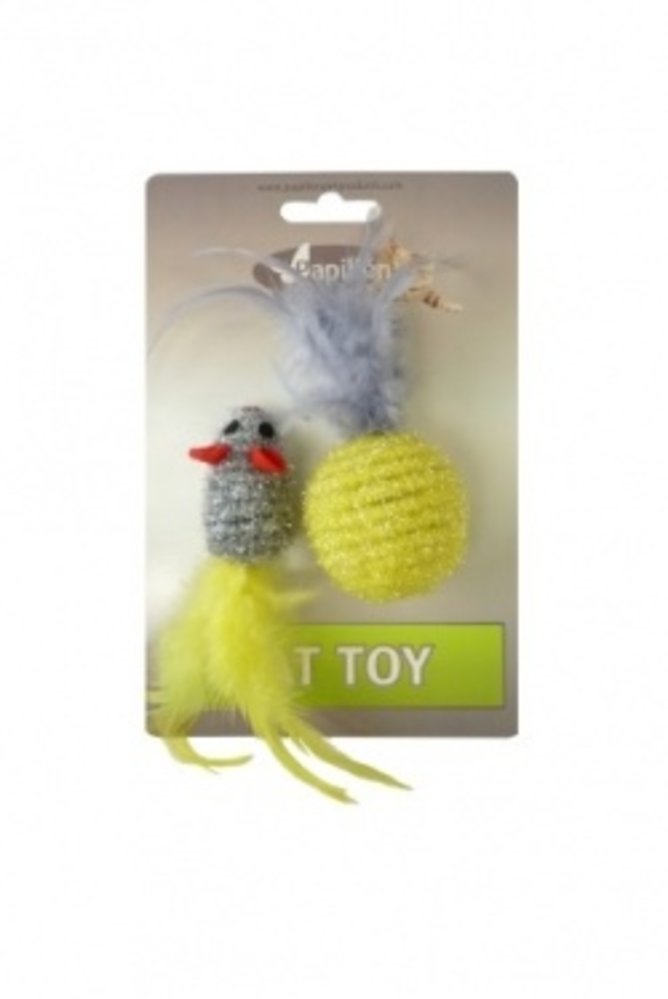 Papillon Pet Products Souris pailletée de 5 cm et boule pailletée de 4 cm avec plume sur carte Papillon Pet Products Souris pailletée de 5 cm et boule pailletée de 4 cm avec plume sur carte