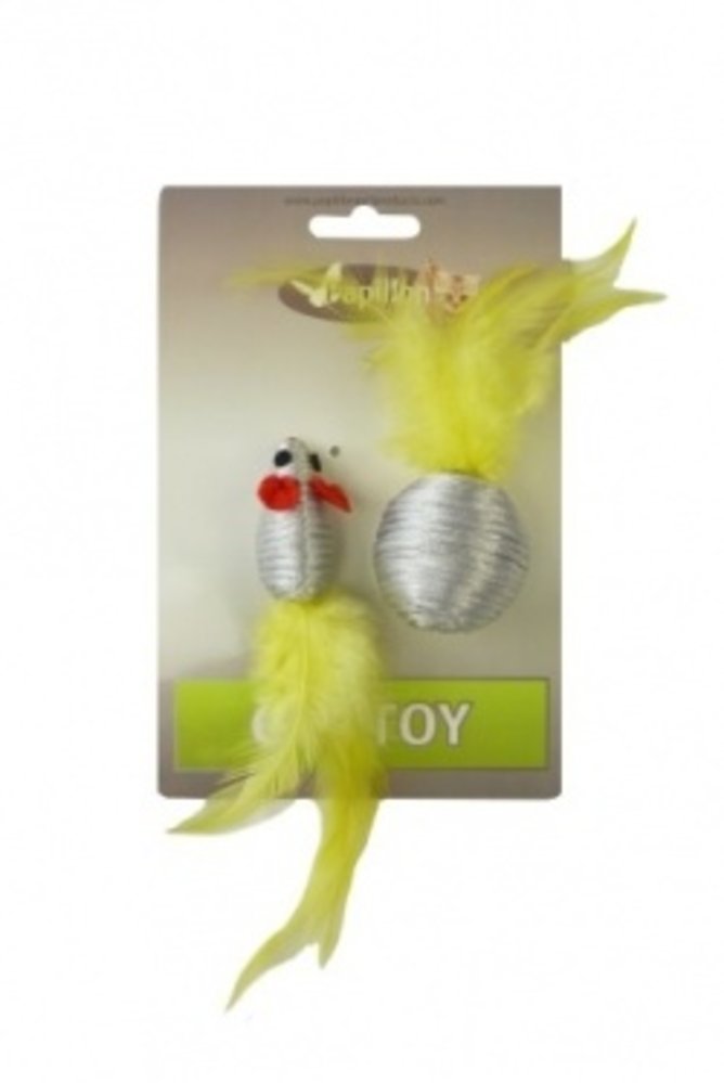 Papillon Pet Products Glitter mouse 5 cm and glitter ball 4 cm with feather on card Papillon Pet Products Glitter mouse 5 cm and glitter ball 4 cm with feather on card