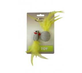 Papillon Pet Products Glittermuis 5 cm en glitterbal 4 cm met veer op kaart Papillon Pet Products Glittermuis 5 cm en glitterbal 4 cm met veer op kaart