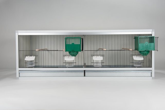 Aluminium broedkooi 120 cm breed 2 vakken met keizersnestkasten Aluminium broedkooi 120 cm breed 2 vakken met keizersnestkasten