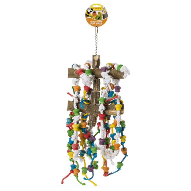 Houten zitstok met touwknopen Houten zitstok met touwknopen