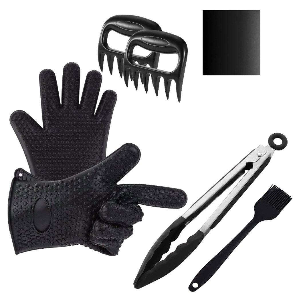 WOLFF BBQ Wolff BBQ 5-delige BBQ Toolset – Barbecue Accessoire Set met Handschoenen, Vleestang, Bereklauw, BBQ Mat en Topping Kwast