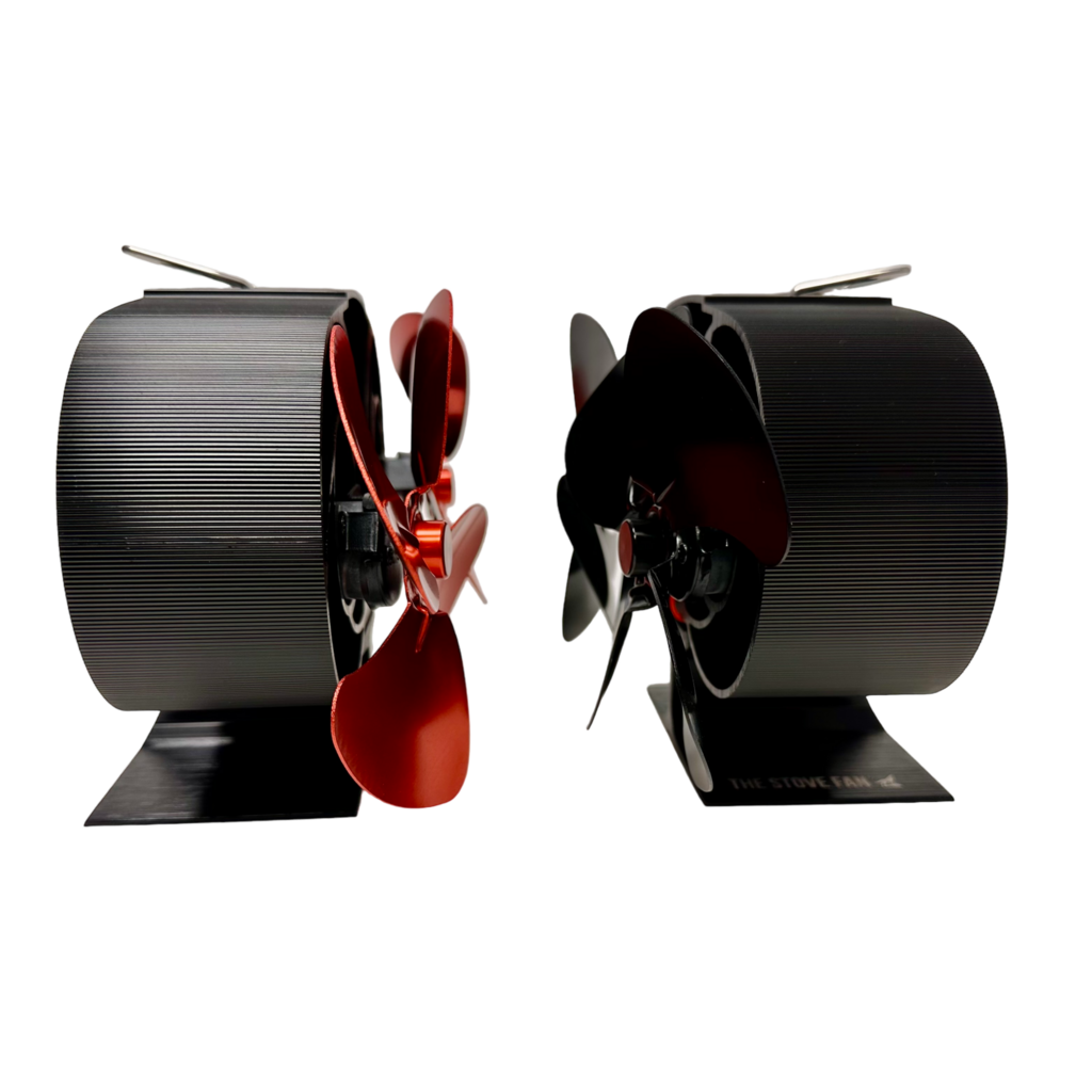 The Stove Fan Kachel ventilator met dubbele motor die draait op de warmte van de houtkachel.