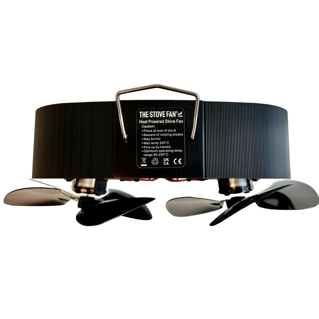 The Stove Fan Kachel ventilator met dubbele motor die draait op de warmte van de houtkachel.