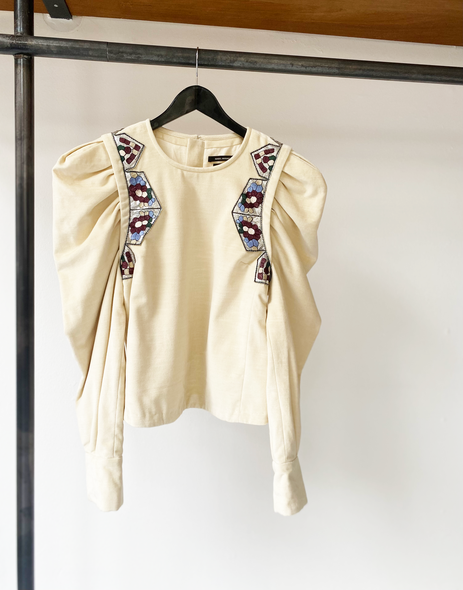 Isabel Marant velvet puff sleeve embroidered top size 40