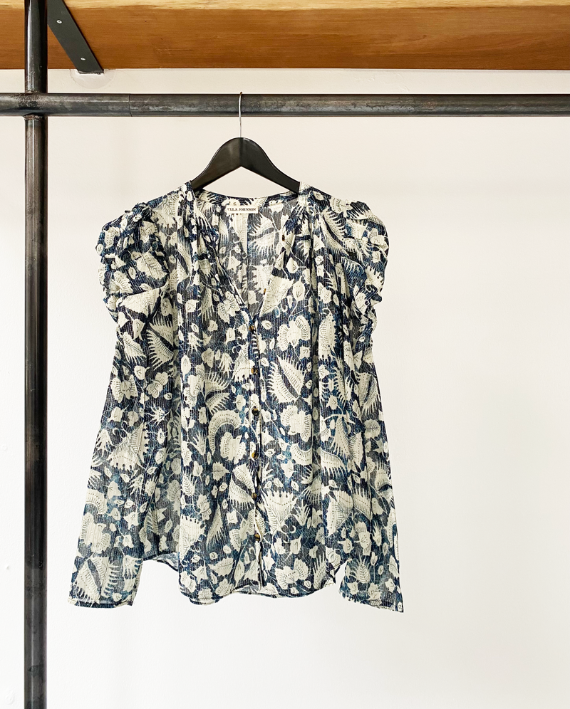 Ulla Johnson blue-ecru leaves print shirt size 4